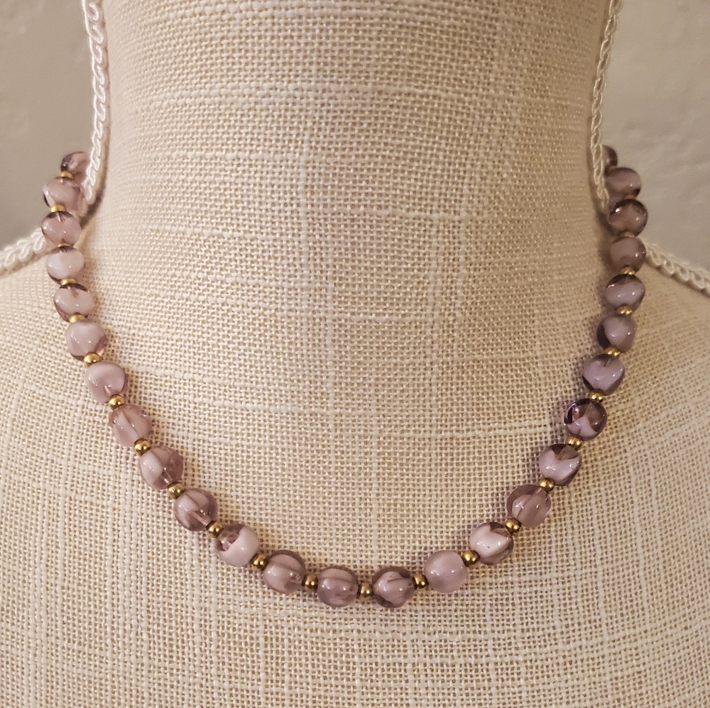 Vintage NAPIER Signed Lavender Glass Bead Necklace with Gold Accents